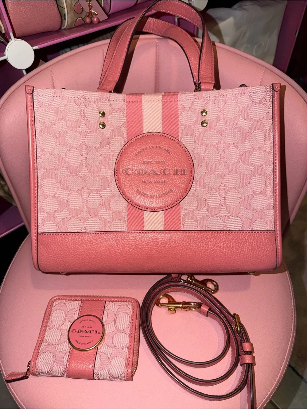 Coach Pink Signature Stripe Tote with Wallet and Strap